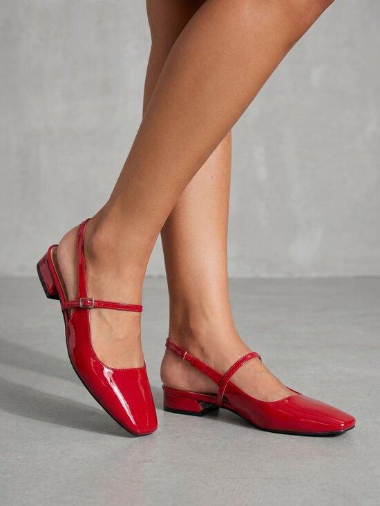 Shoes - Women's Chic Red Mary Jane Low-Heel Square-Toe Slingback Shoes for Comfortable W